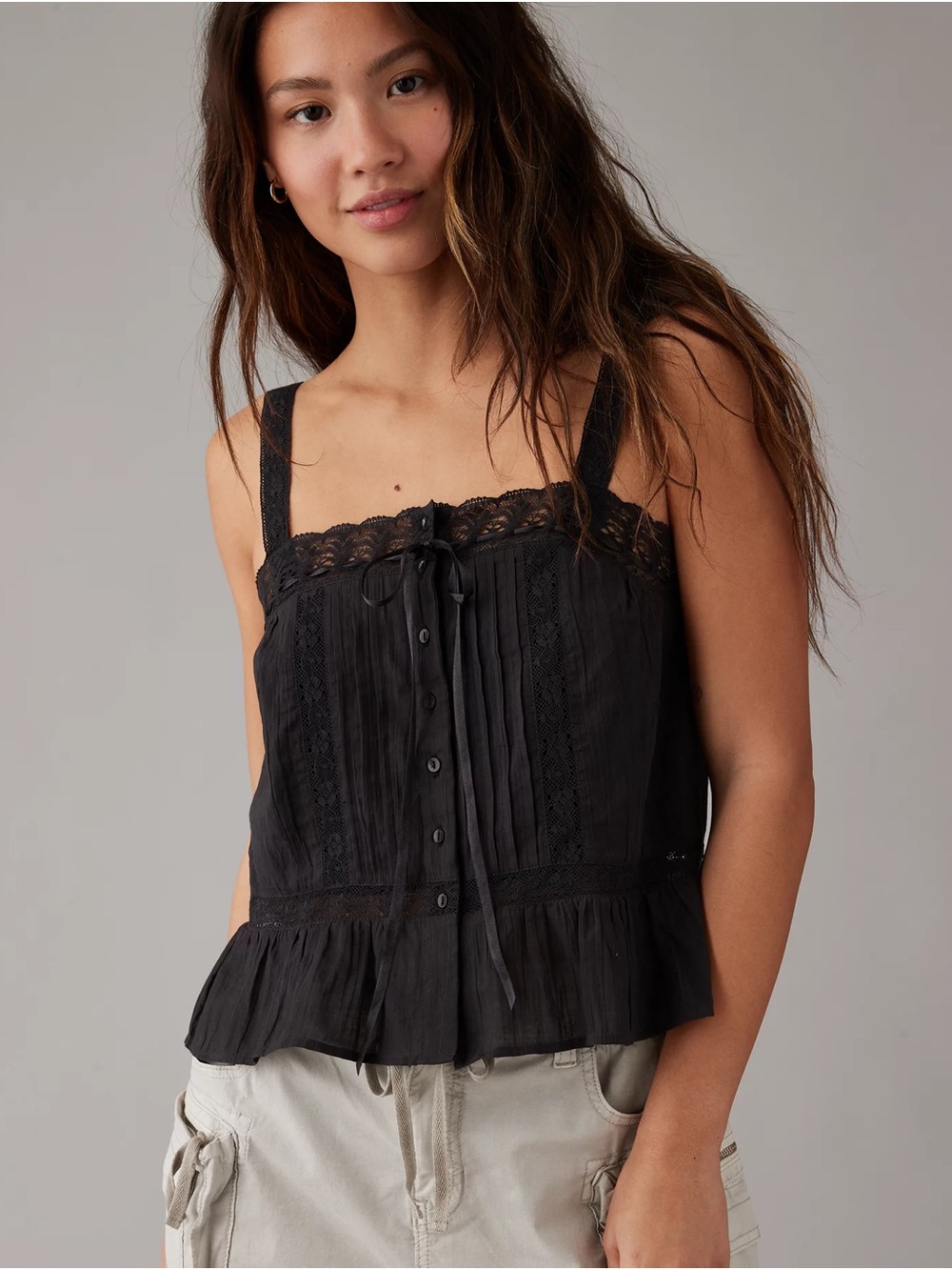 American Eagle Outfitters Black Lace-Trim Pintuck Tank Top